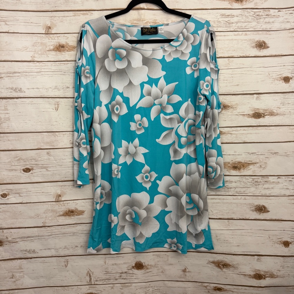 Bob Mackie Blue Floral Cutout 3/4 Sleeve Artsy Lagenlook Blouse